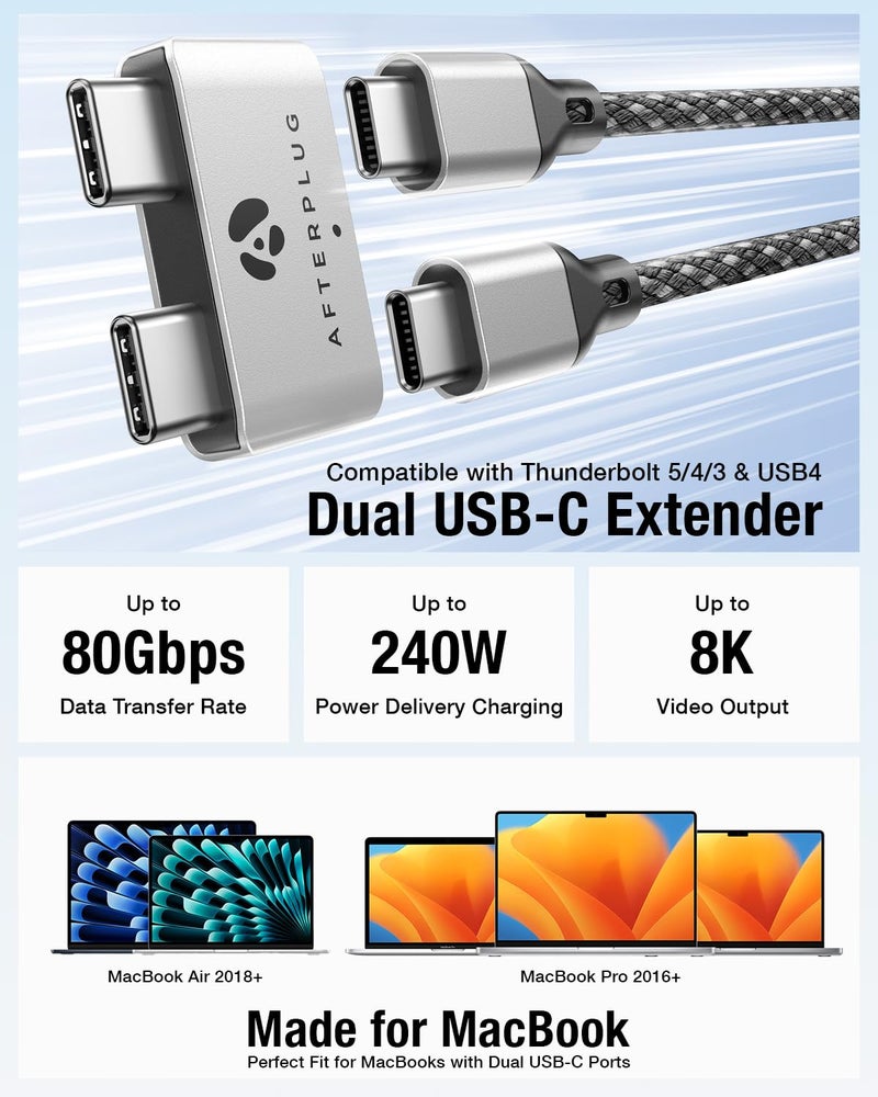 Afterplug Dual USBâ€‘C Extender for MacBook with Case, 2-Port Passâ€‘Through Adapter for Thunderbolt 5/4/3 & USB4 â€“ 240W PD, 8K Video, 80Gbps Data - Space Gray - Image 2